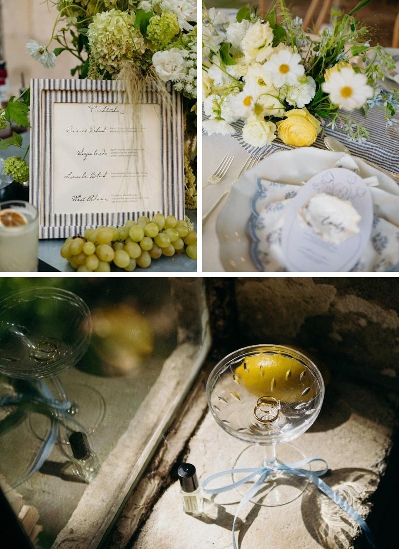 A collage with an event menu, green grapes, and floral arrangement; a place setting with white flowers and lemon; and a glass with a lemon, ribbon, and small bottle nearby.