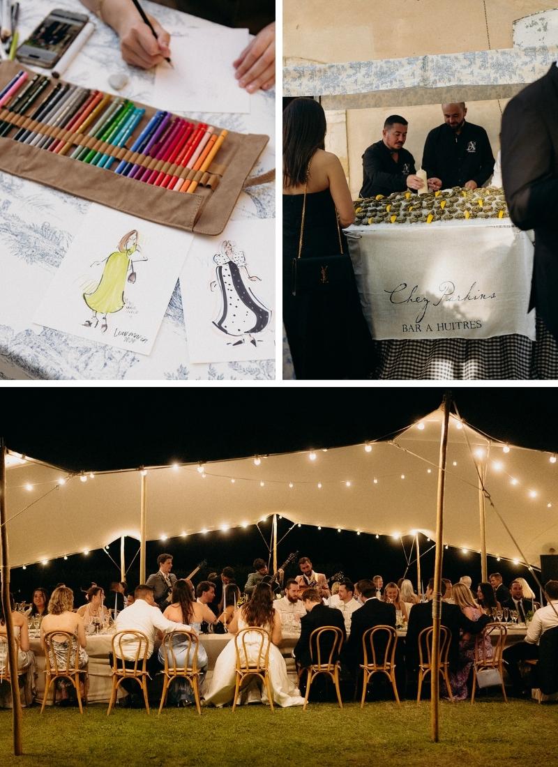 A collage shows an artist drawing fashion sketches, servers at a beverage table, and guests dining under a lit outdoor tent at an event.