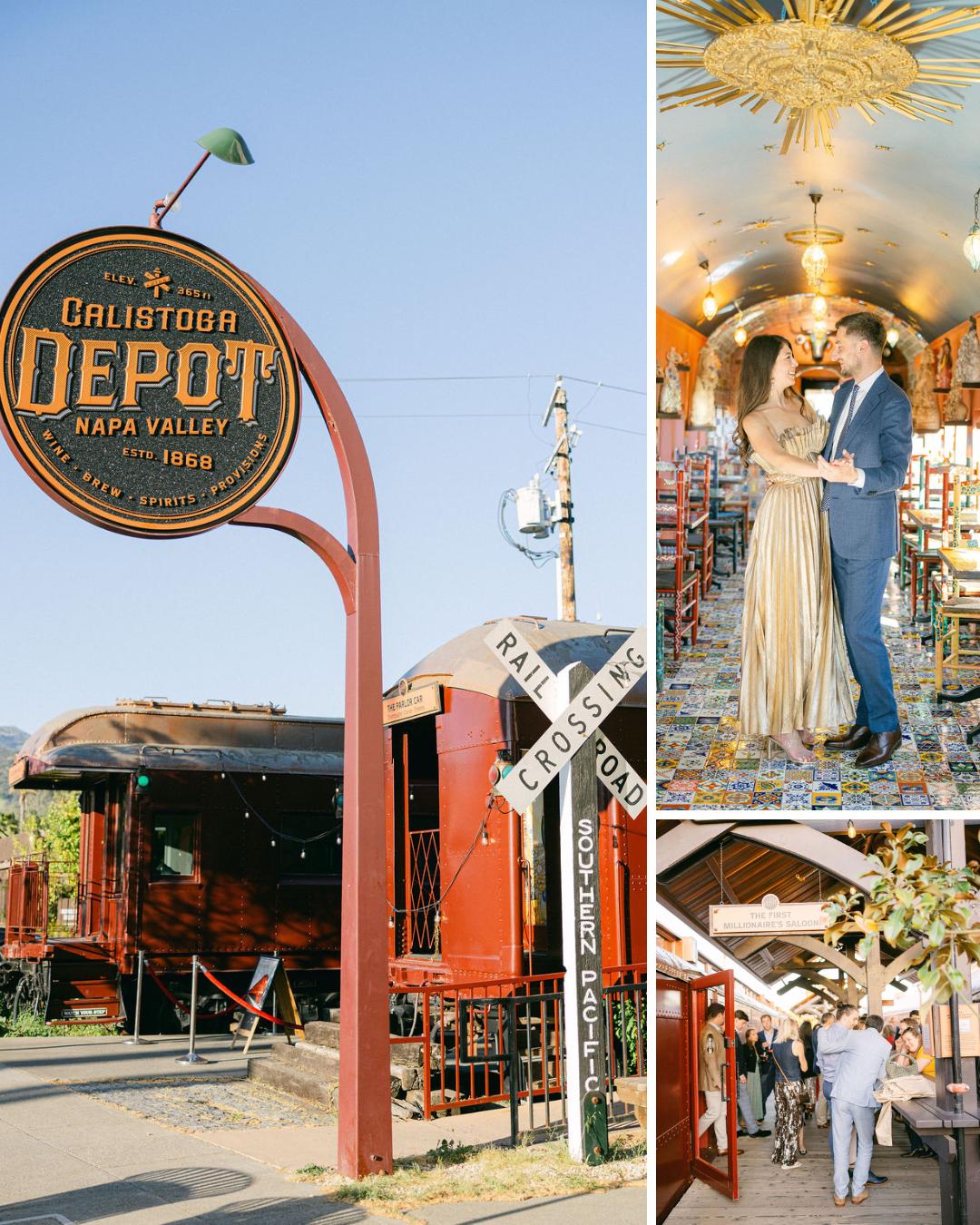 Collage showing Calistoga Depot sign and train car, a couple dressed up inside a decorated train, and people entering a festive venue.