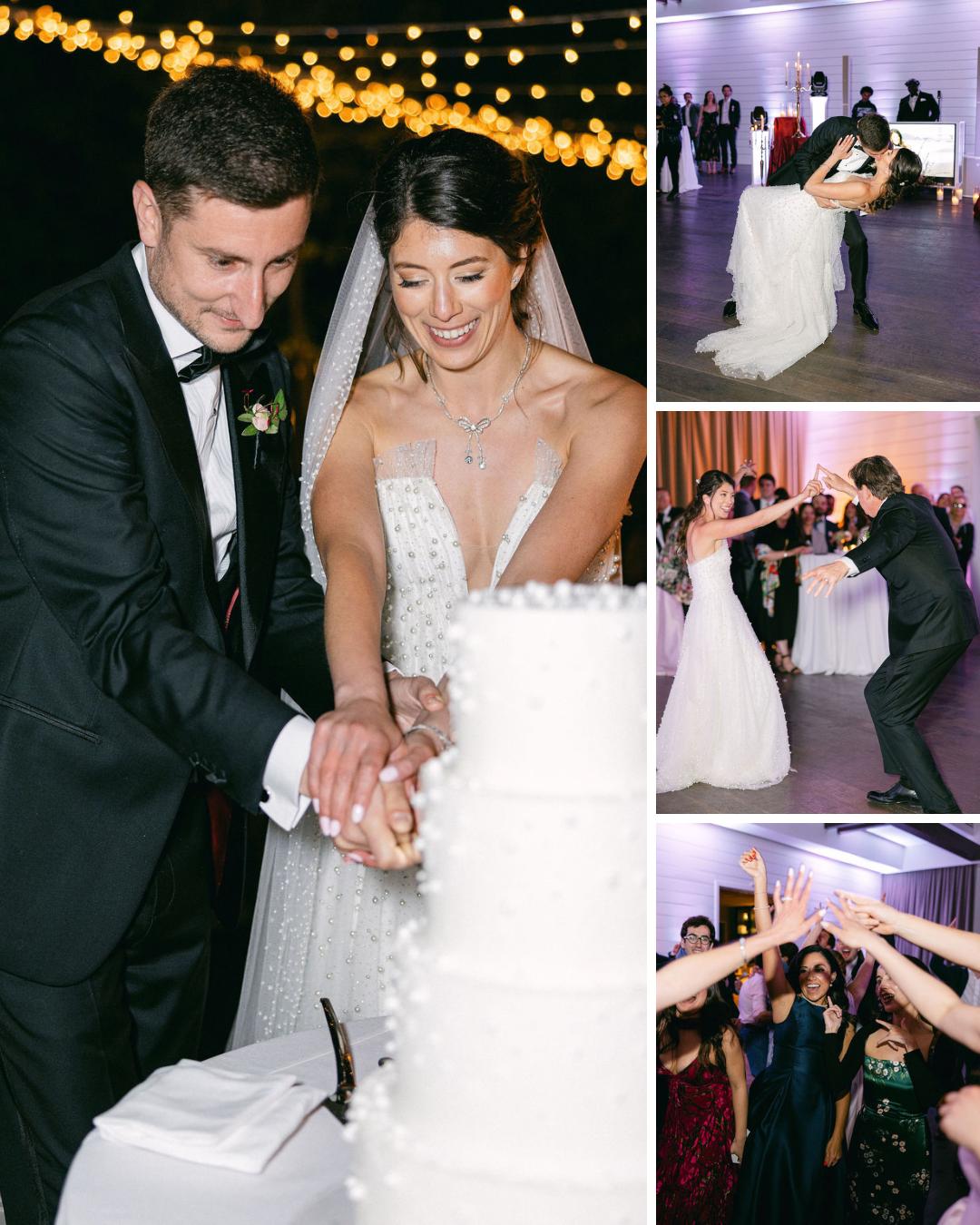 Collage of wedding photos: bride and groom cutting cake, couple dancing, bride dancing with guest, and group raising hands in celebration.