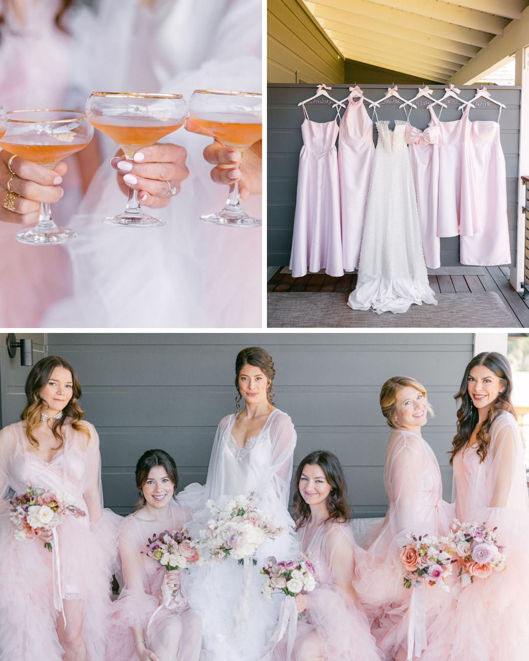 Collage of a bridal party: women holding pink drinks, pastel dresses hanging on a rack, and five women in light pink dresses posing with bouquets.