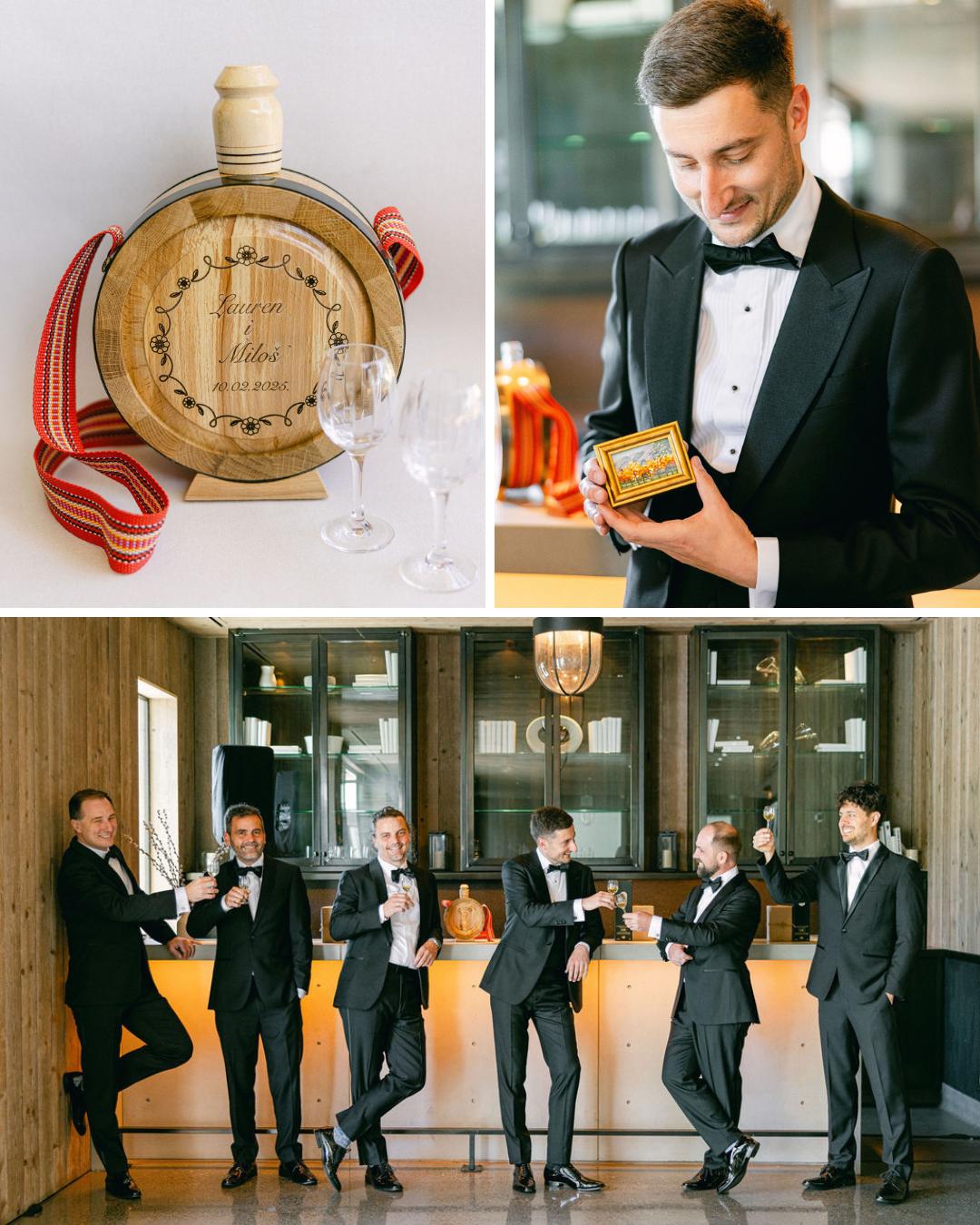 A close-up of a personalized bottle with glasses, a man in a tuxedo holding a box, and a group of five men in tuxedos posing and smiling indoors.