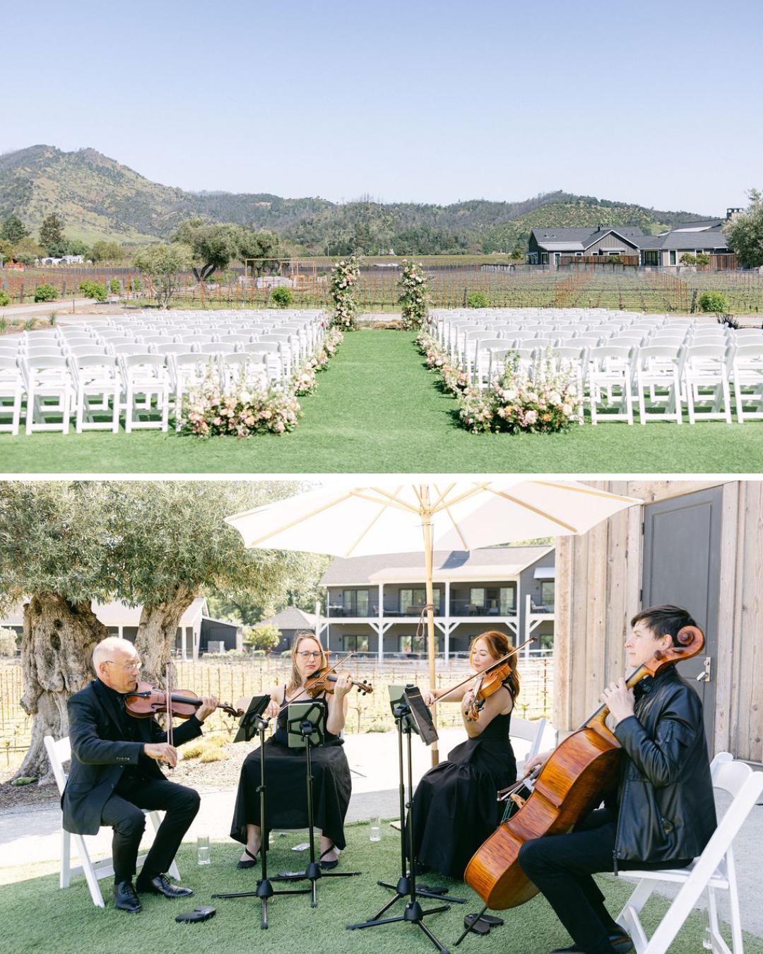 An outdoor wedding ceremony setup with rows of white chairs and floral arrangements, and a string quartet performing nearby.