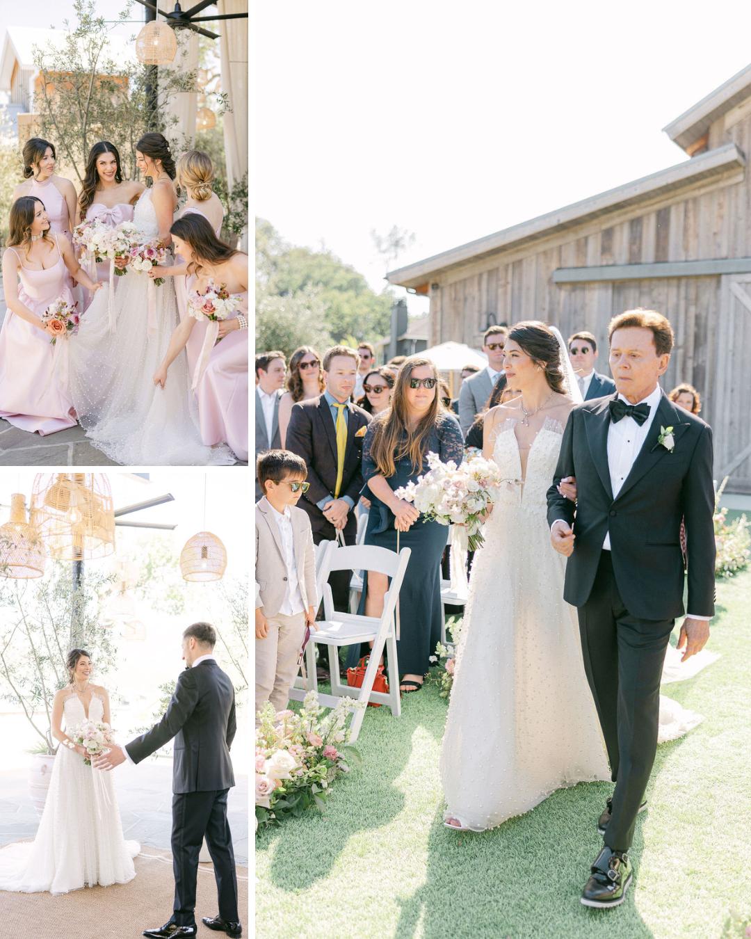 A collage of three wedding scenes: bridesmaids in pink, the bride and groom walking down the aisle, and the couple holding hands during the ceremony outdoors.