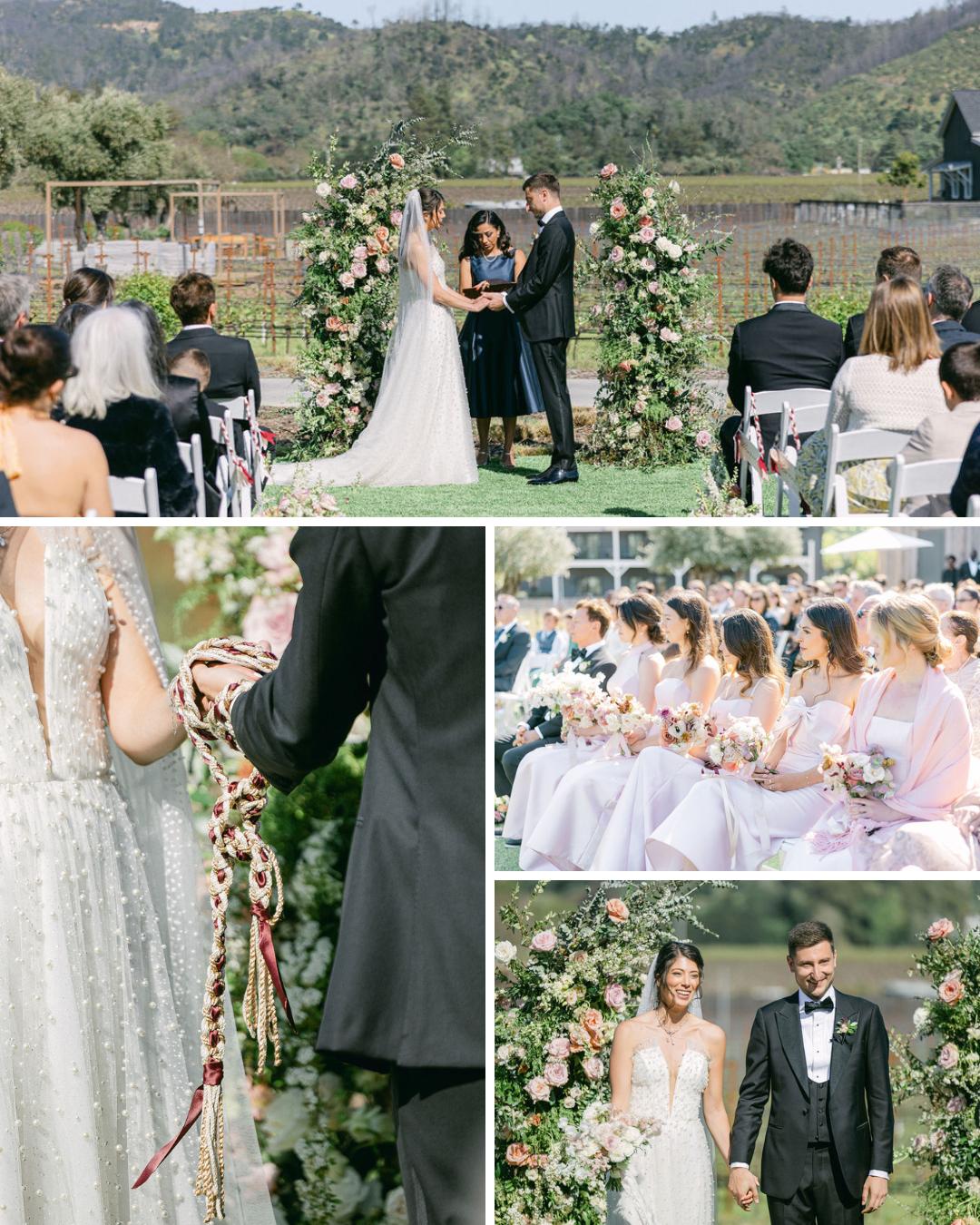 A collage of outdoor wedding scenes shows a couple exchanging vows, guests seated, a close-up of handfasting, and the couple standing together in front of a floral arch.