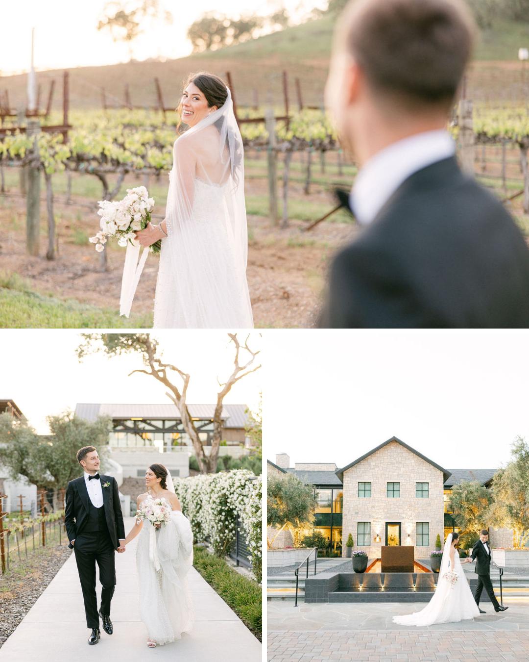 A bride and groom in formal attire pose and walk outdoors near a vineyard and a large building, photographed on their wedding day.