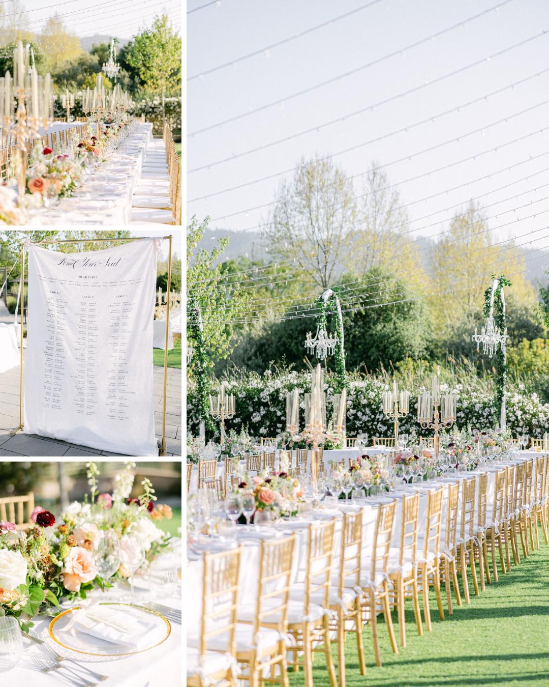 Outdoor wedding reception setup with long tables, gold chairs, floral centerpieces, chandeliers, and a seating chart sign, all under a clear tent surrounded by greenery.