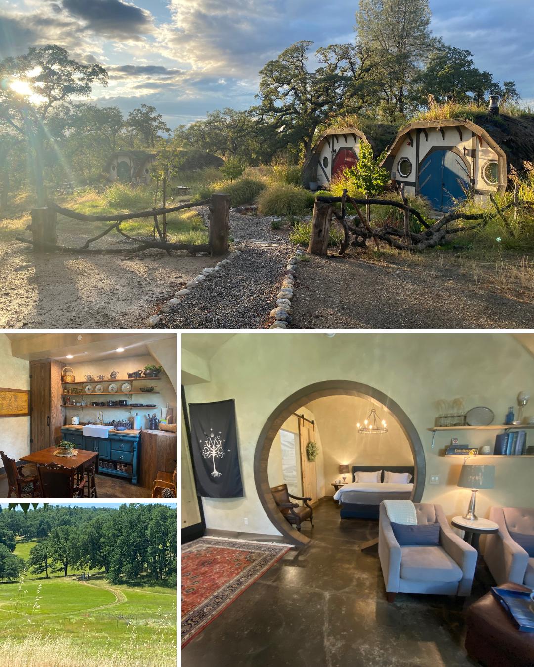 A collage of images showing a rural landscape, Hobbit-style houses, a cozy kitchen, and a living room with a round door and rustic decor.