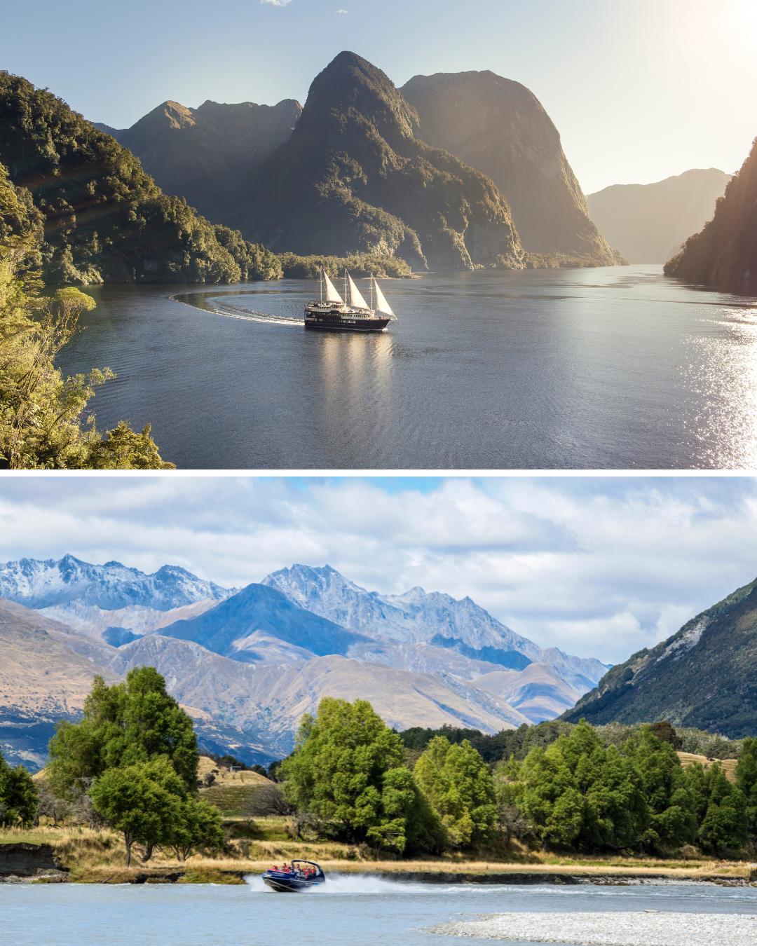 Two landscape photos: the top shows a sailboat on a calm fjord with steep mountains, the bottom shows a river bordered by trees and distant snow-capped mountains.