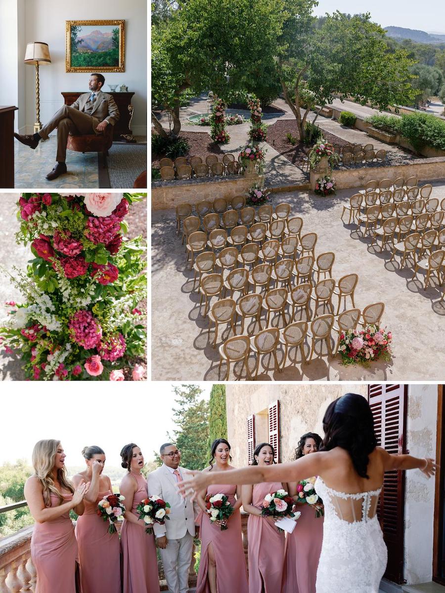 A collage shows a man sitting indoors, an outdoor wedding ceremony setup with chairs, a floral arrangement, bridesmaids in pink dresses, and a bride reaching out to them.