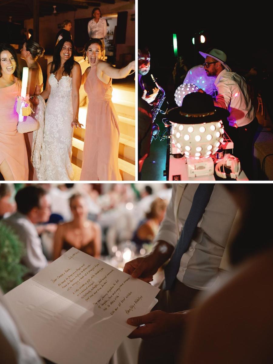 A collage shows wedding guests posing, a lively dance floor with lights, and someone holding a handwritten note at a reception table.