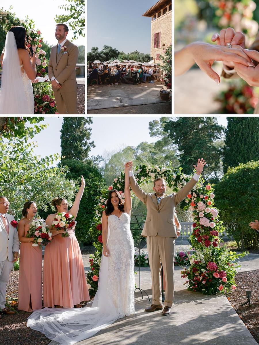 A bride and groom celebrate their outdoor wedding with bridesmaids and guests present, floral arrangements, and an exchanging of rings.