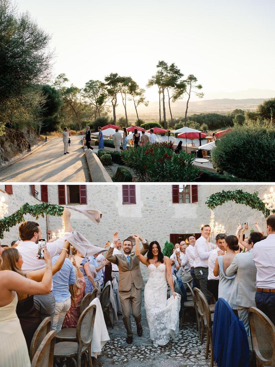 Top: Outdoor area with trees and red umbrellas at sunset. Bottom: Bride and groom walk down aisle as guests cheer at an outdoor wedding reception.