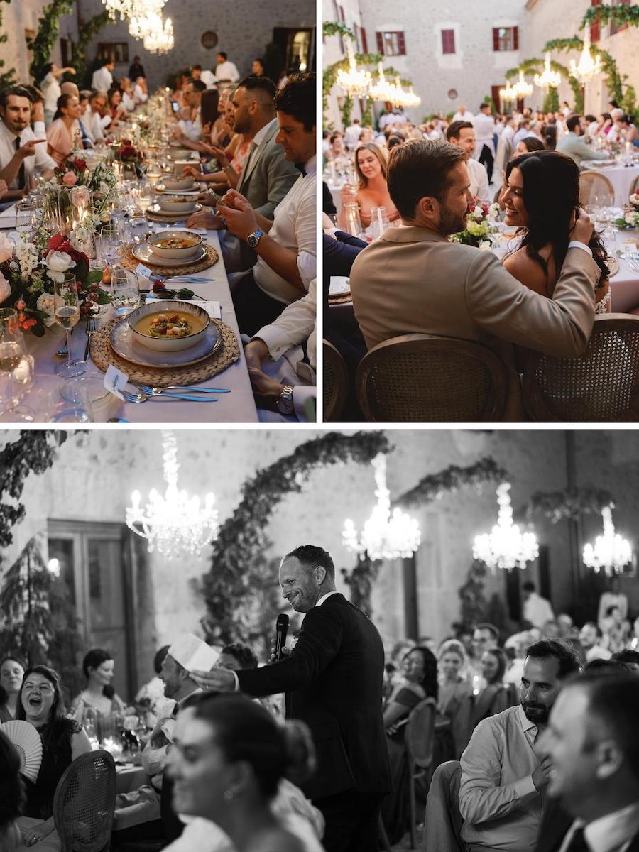 Three images of a formal dinner event: guests dining at a decorated table, a couple seated together, and a person giving a speech to an attentive crowd.