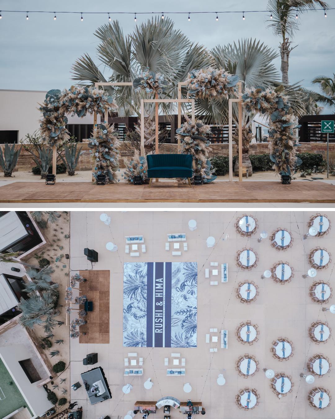 A decorated outdoor event space features a floral arch and seating area. An aerial view below shows arranged round tables, chairs, and a large patterned rug in the center.