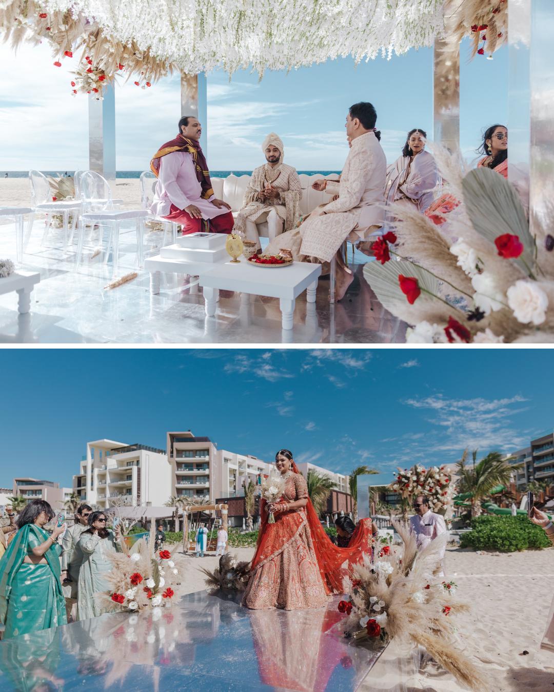Two scenes from a beachside wedding: the top shows a ceremony under a floral canopy, and the bottom shows a bride walking outdoors with guests and decorated arrangements.