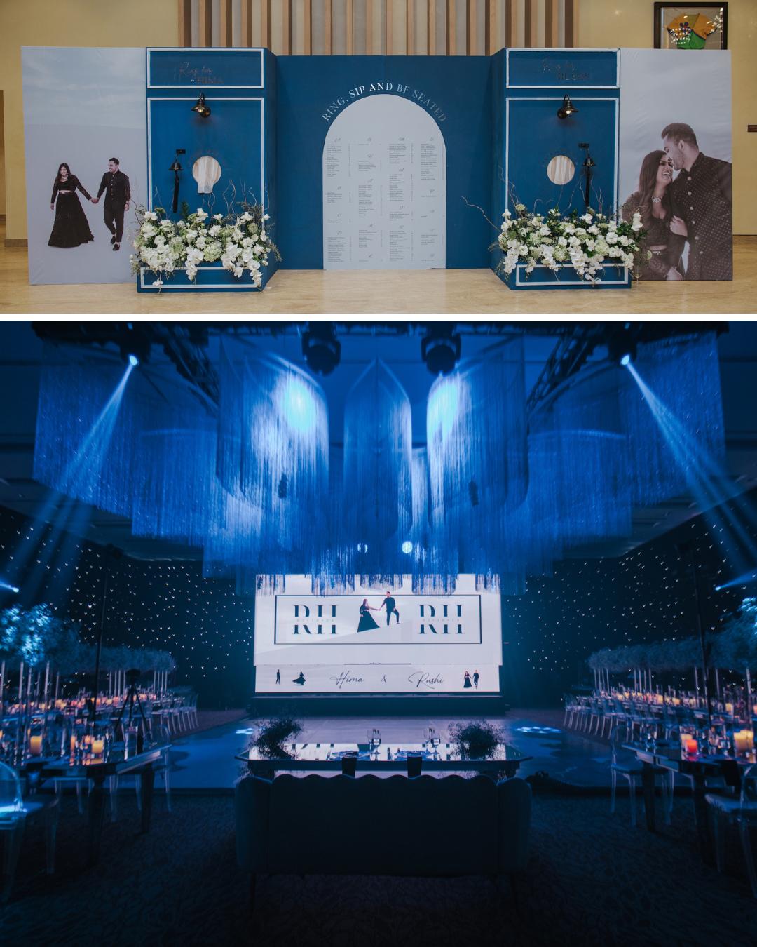 Two images: The top shows a blue wedding entrance with illustrated panels and flowers; the bottom shows a decorated indoor event venue with blue lighting and arranged tables.