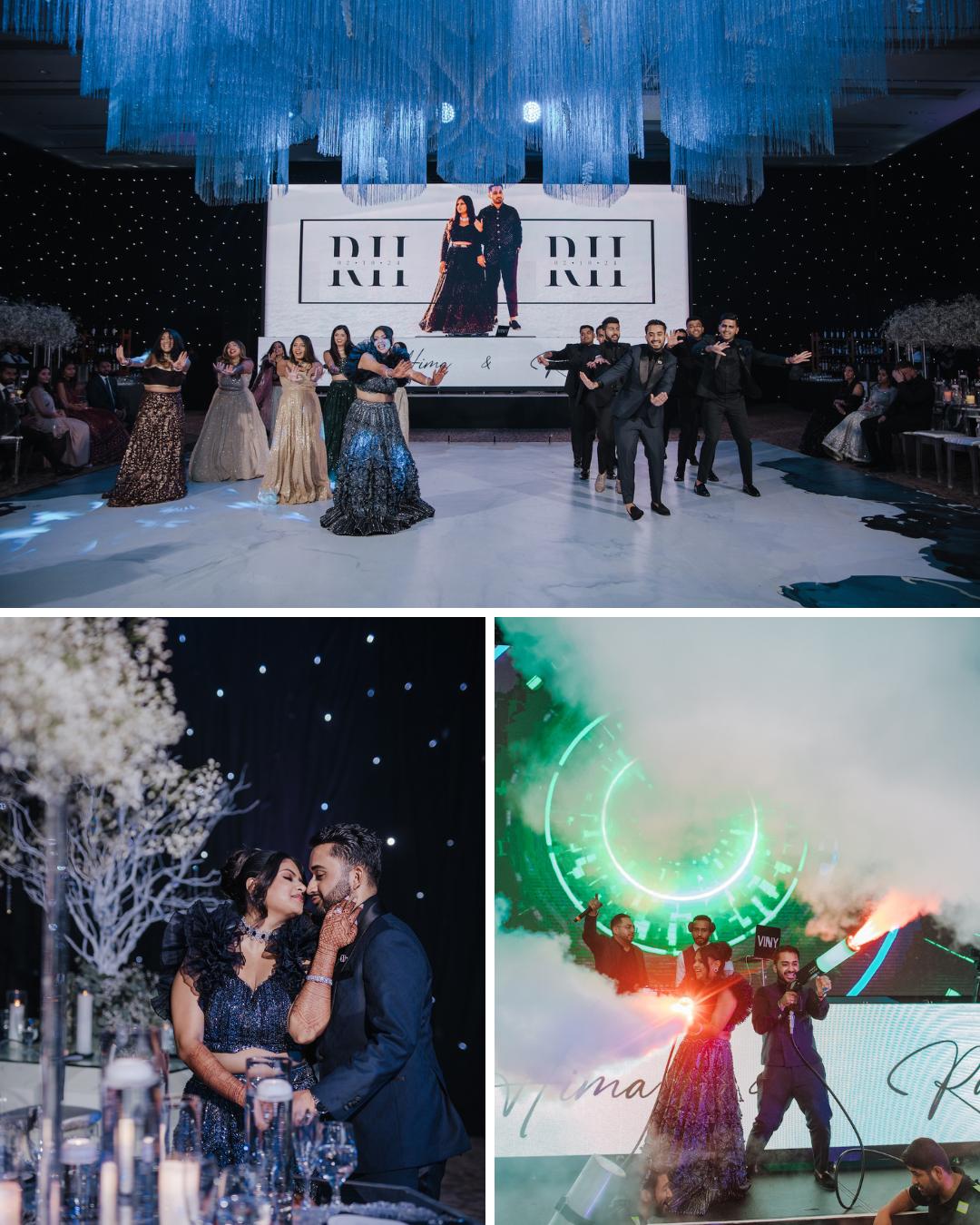A formal event with people dancing on stage, a couple posing by a decorated table, and a performance with smoke and bright lights.