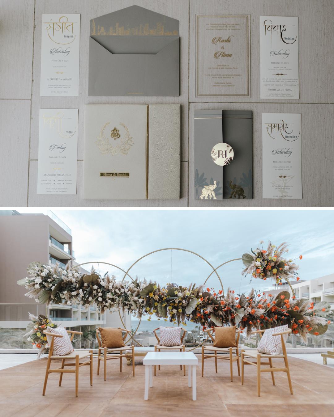A display of wedding invitations and stationery is shown above a modern outdoor wedding ceremony setup with floral arch and seating.
