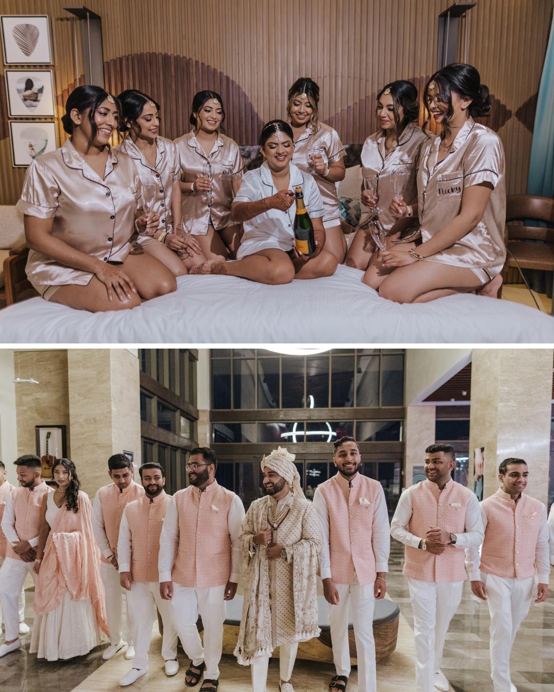 Top: A group of women in matching pajamas sit on a bed, smiling and holding drinks. Bottom: A group of men in coordinated outfits stand with a groom in traditional attire.