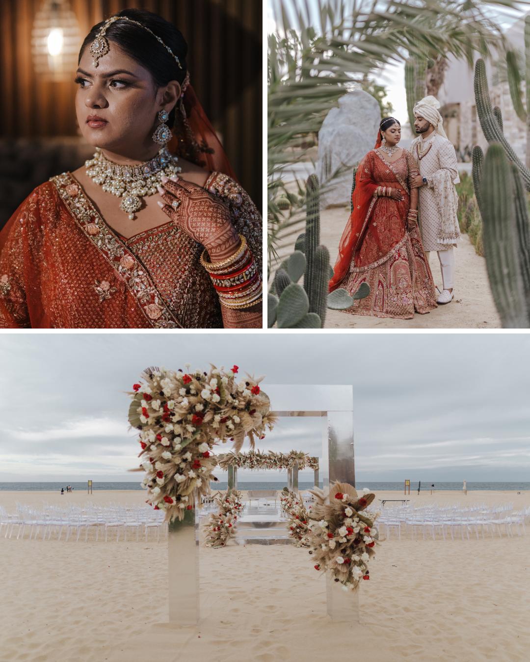 A bride in red attire, a couple in wedding outfits standing among cacti, and a floral-decorated wedding arch on a beach.