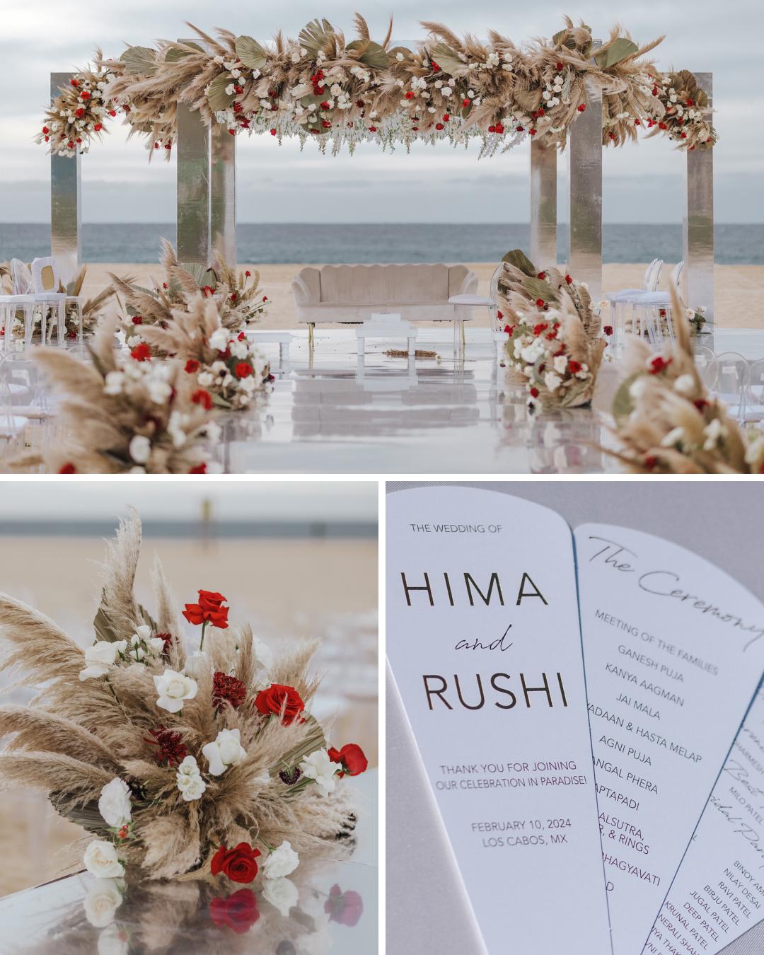 Elegant beachside wedding setup with mirrored arch, beige and red floral arrangements, and close-up of wedding programs for Hima and Rushi.