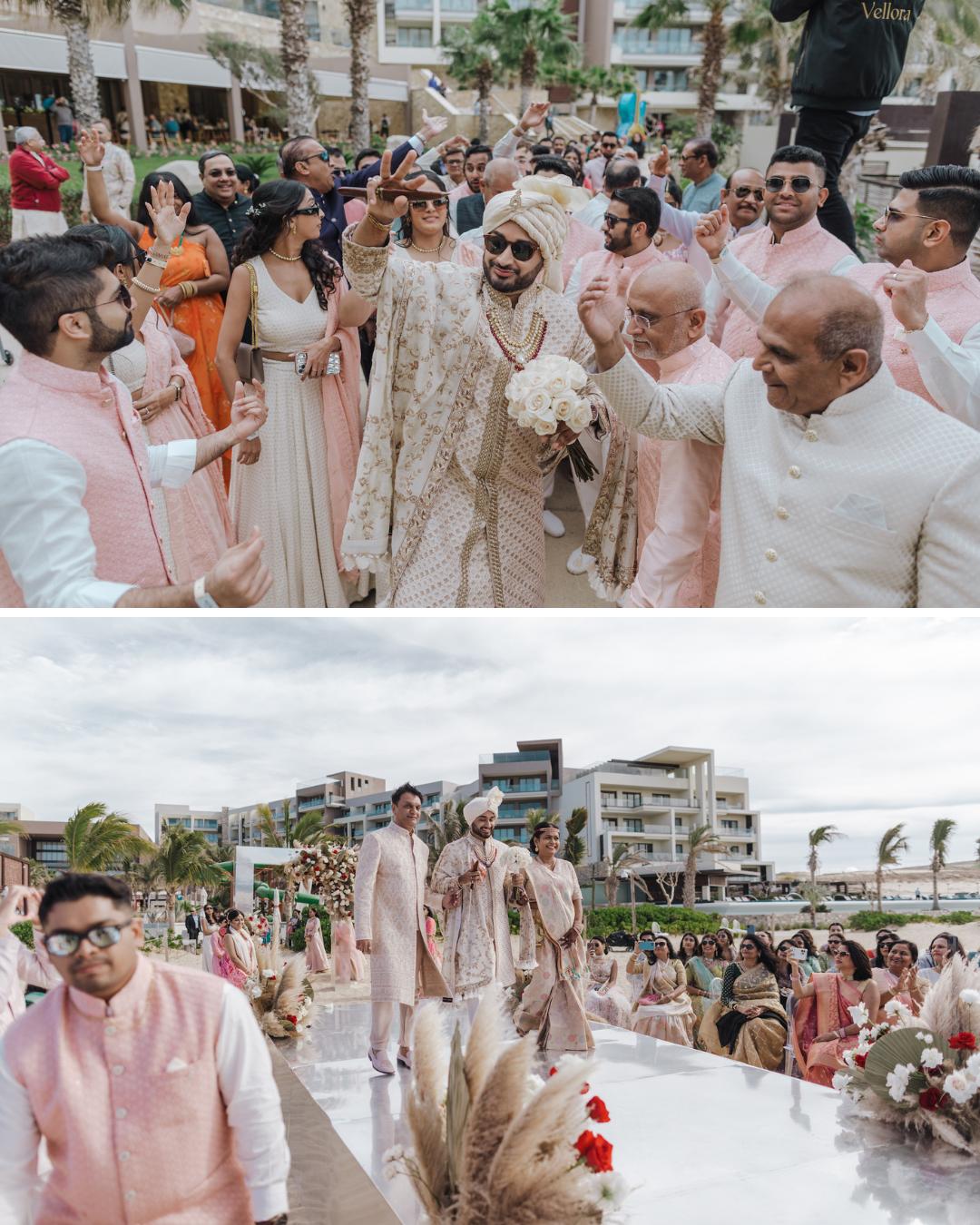 A groom in traditional attire walks with guests at an outdoor wedding, followed by a ceremony on a decorated platform with seated attendees.