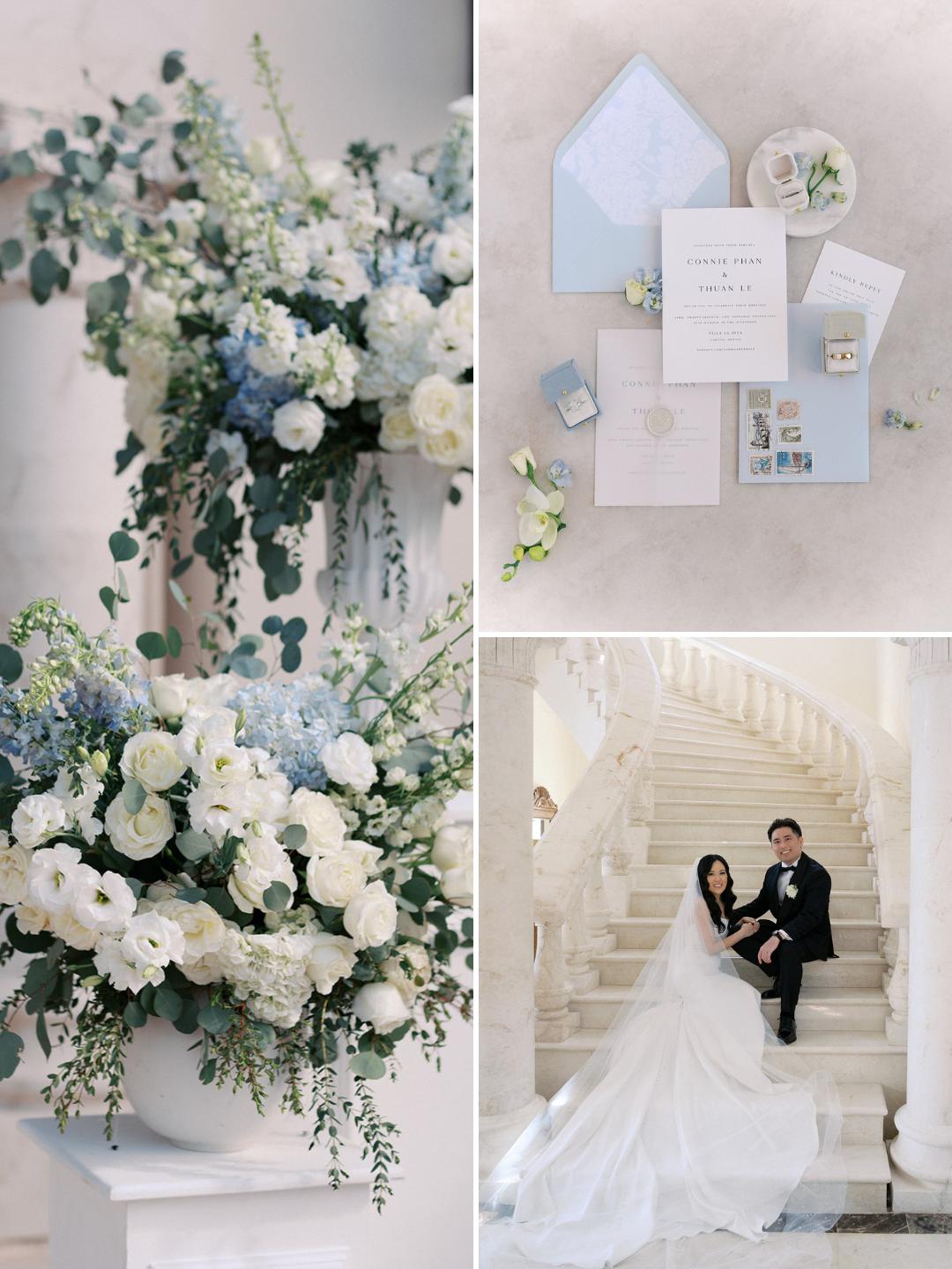 Collage showing white and blue floral arrangements, wedding stationery, and a bride and groom sitting on a staircase in formal attire.