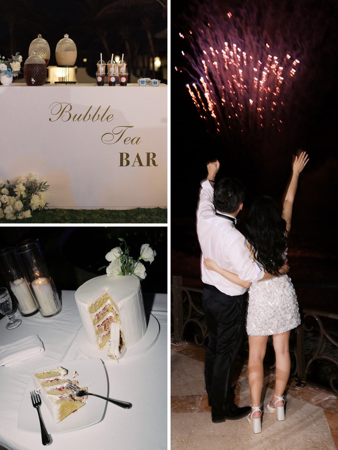 A collage shows a bubble tea bar, a slice of cake on a table, and a couple with their backs to the camera watching fireworks at night.
