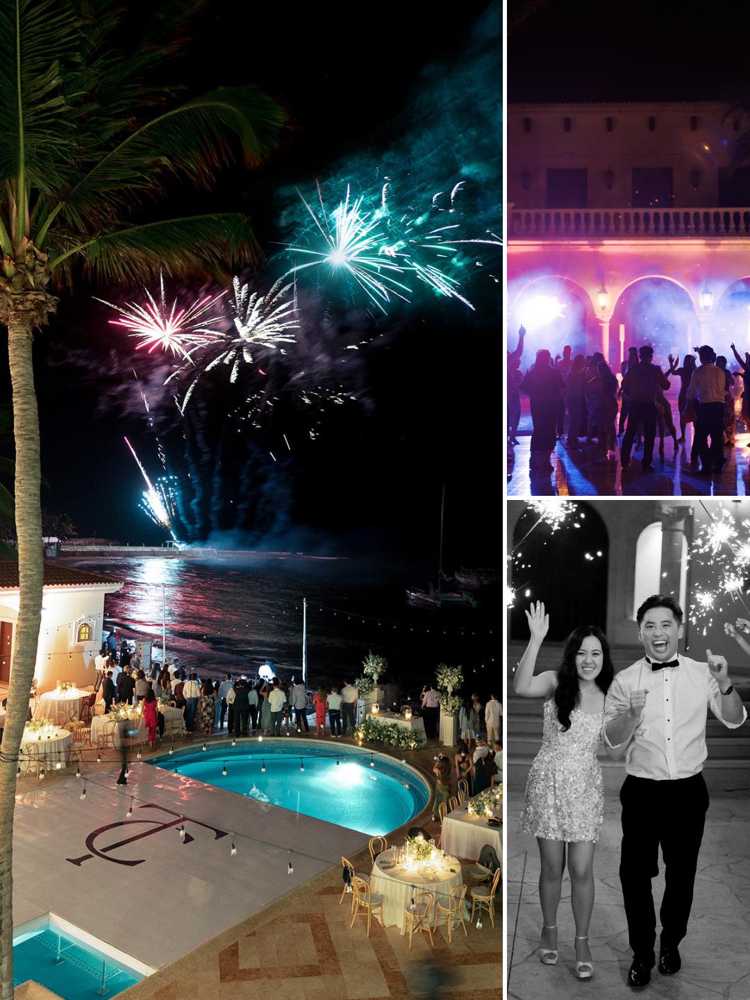 A poolside party with guests watching fireworks, people dancing at night, and a couple posing for a photo in formal attire.