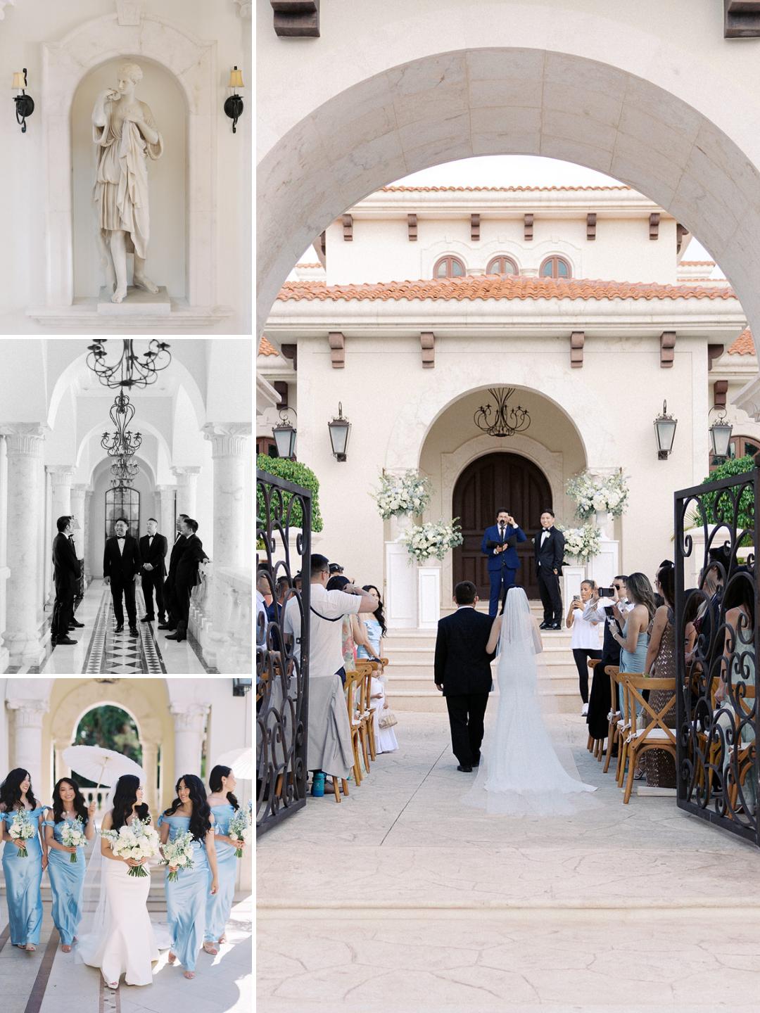 Collage of a wedding ceremony at an elegant white venue, featuring the bride, groom, bridesmaids in blue dresses, groomsmen, and decorative architectural details.