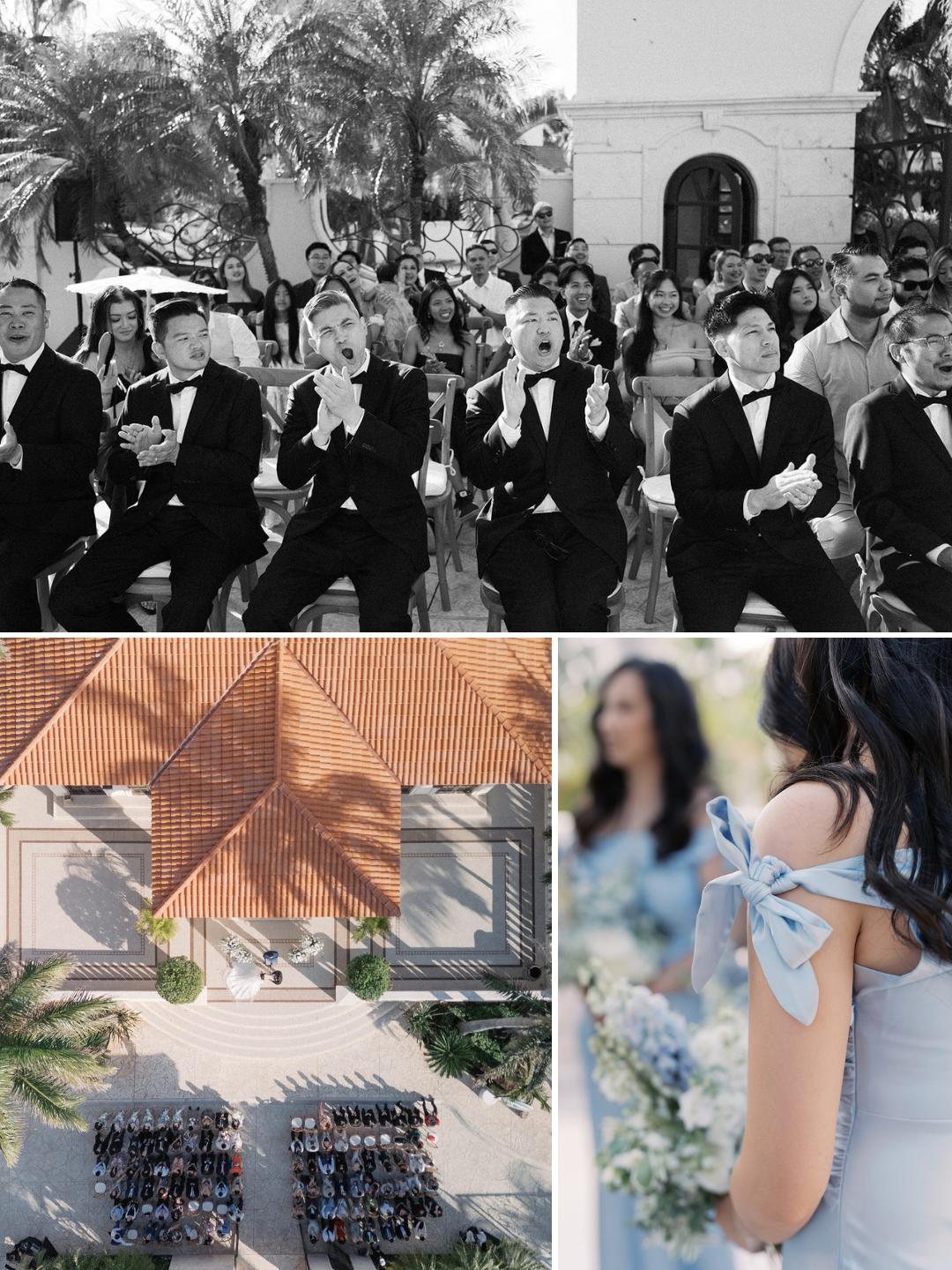 A wedding ceremony with guests seated outdoors, men in tuxedos clapping, and close-ups of bridesmaids in blue dresses holding bouquets.