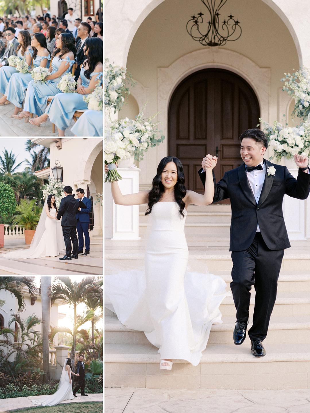 A collage of wedding photos featuring a bride and groom, their wedding party in light blue dresses, and outdoor scenes at an elegant venue with arches and palm trees.