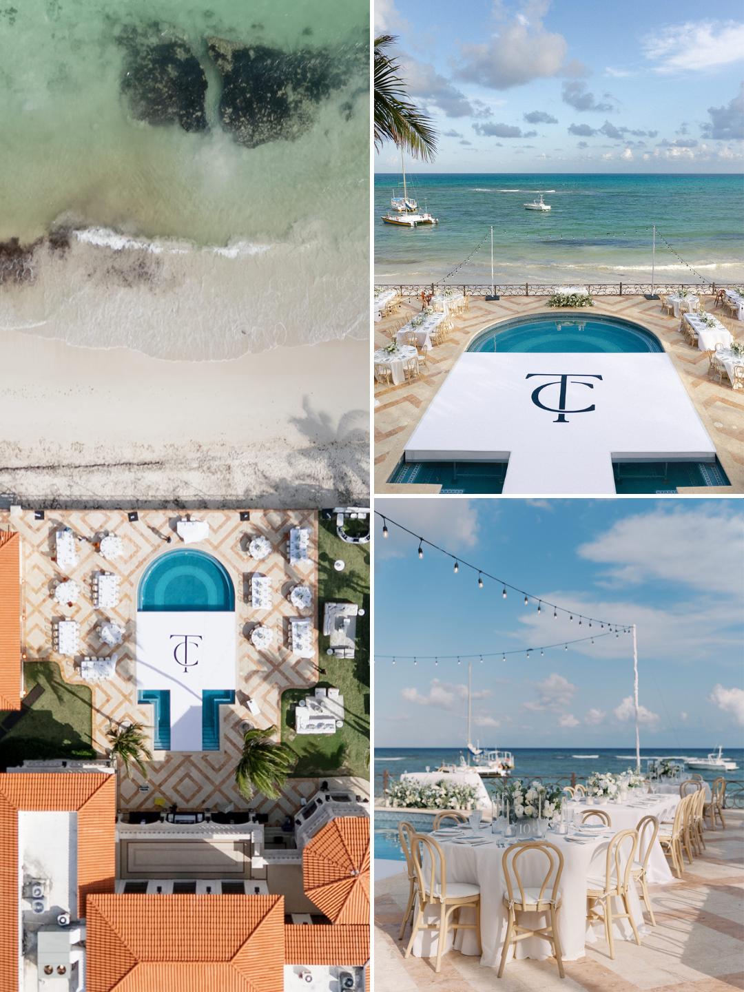 Collage of a beachfront resort with aerial and ground views, featuring a pool with a monogrammed "T," white lounge chairs, and an outdoor dining area overlooking the ocean.