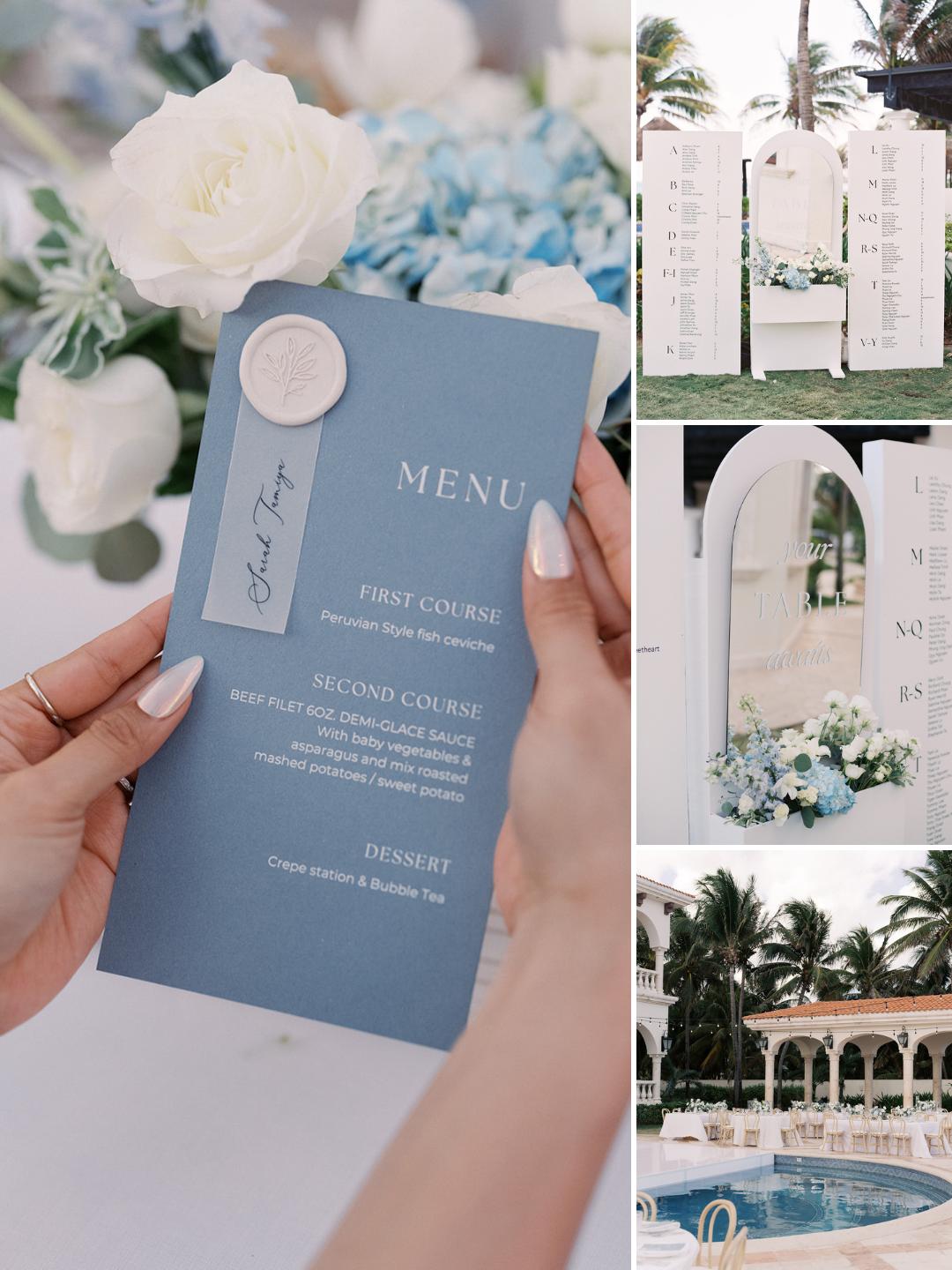 Person holding a blue wedding menu card; adjacent images show event seating charts, floral decor, and a poolside venue with palm trees.
