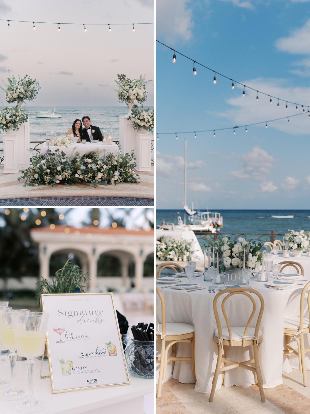 A wedding setup by the sea with a bride and groom at a floral table, decorated outdoor seating, and a close-up of a menu card on a table.