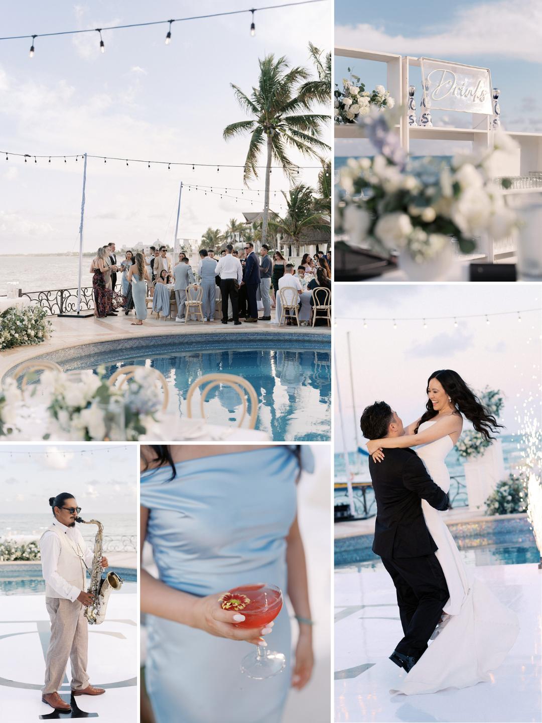 Collage of a poolside wedding with guests, a saxophonist, a couple dancing, a woman holding a cocktail, and close-up shots of decorations under string lights and palm trees.