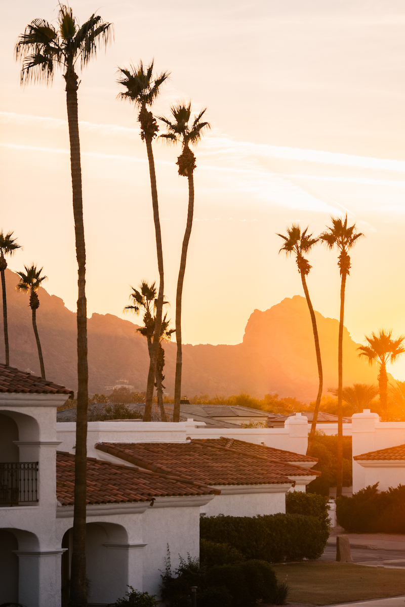 Sunset view with tall palm trees and white buildings with red-tiled roofs, mountains visible in the background.