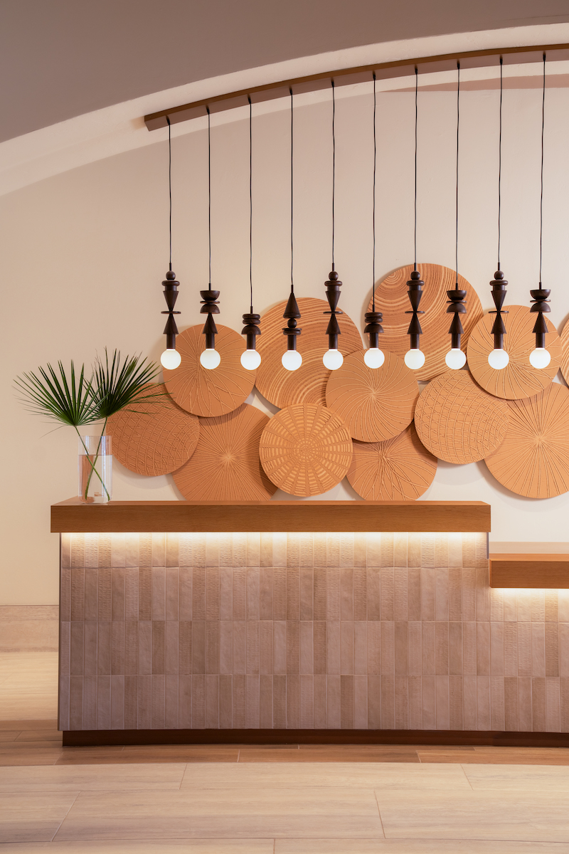 Modern reception desk with a wooden front, decorative circular wall art, pendant lights, and a vase with green palm leaves.