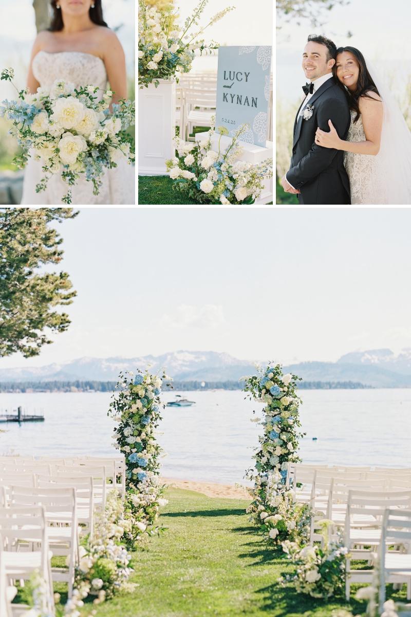 Outdoor lakeside wedding setup with white chairs, floral arrangements, bride holding bouquet, couple embracing, and a wedding sign reading "Lucy &amp; Bryan.