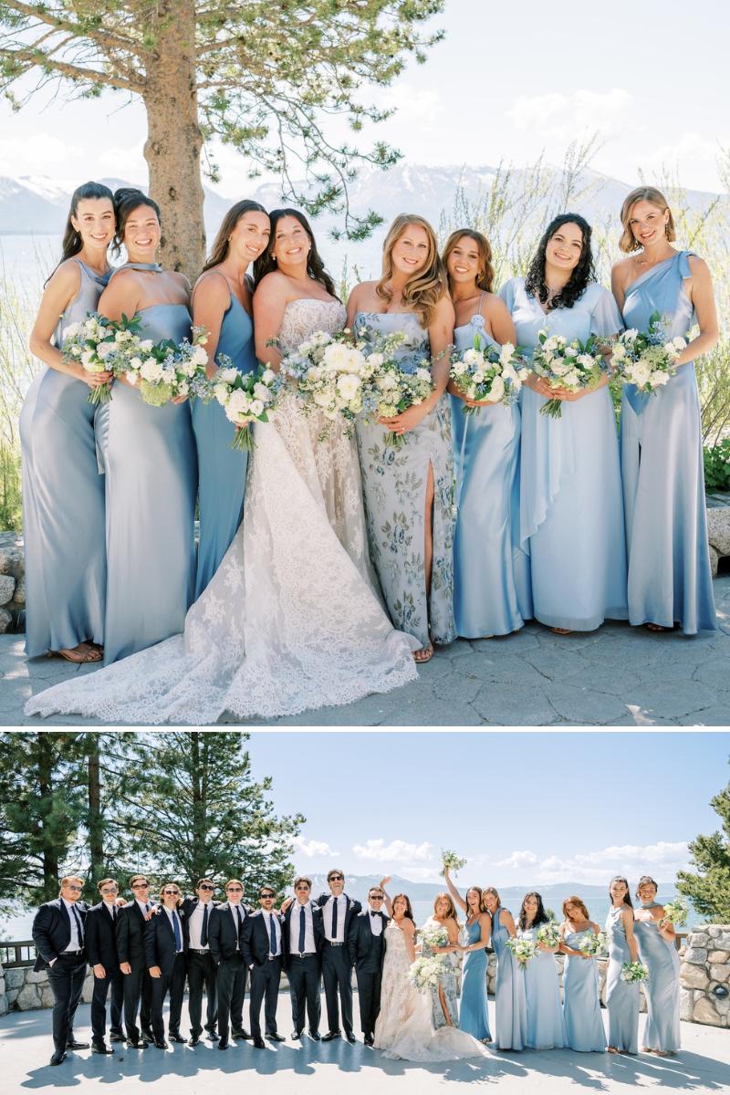 Two photos: the top shows eight women in blue dresses holding bouquets; the bottom shows a wedding party of men in suits and women in dresses posing outdoors.