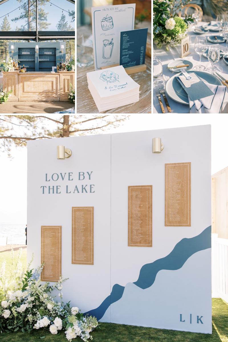 Wedding decor display featuring a "Love by the Lake" seating chart, floral arrangements, table settings, and invitation cards in blue and white tones.