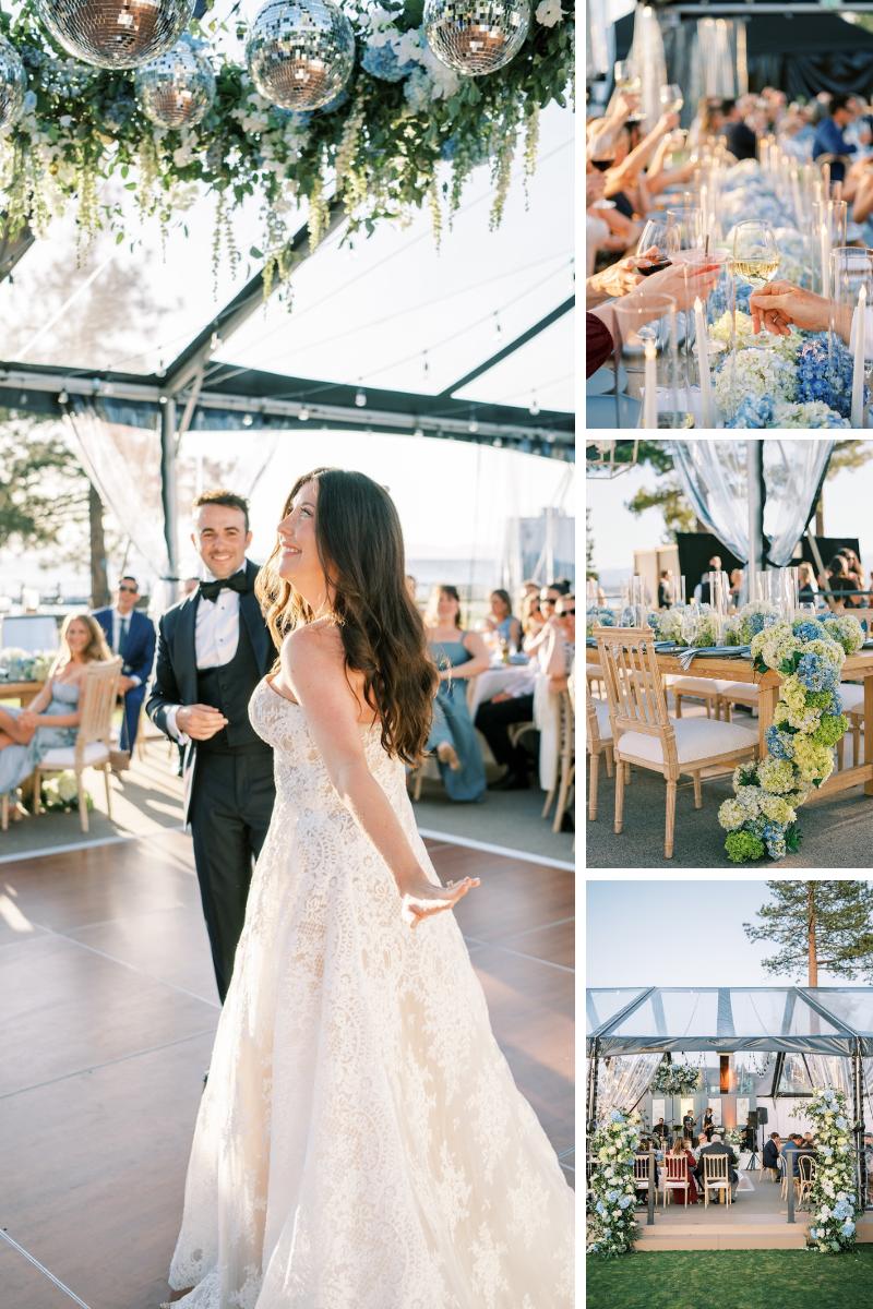 A bride and groom dance at a decorated wedding reception, with tables set for guests, floral arrangements, and hanging greenery visible in the venue.