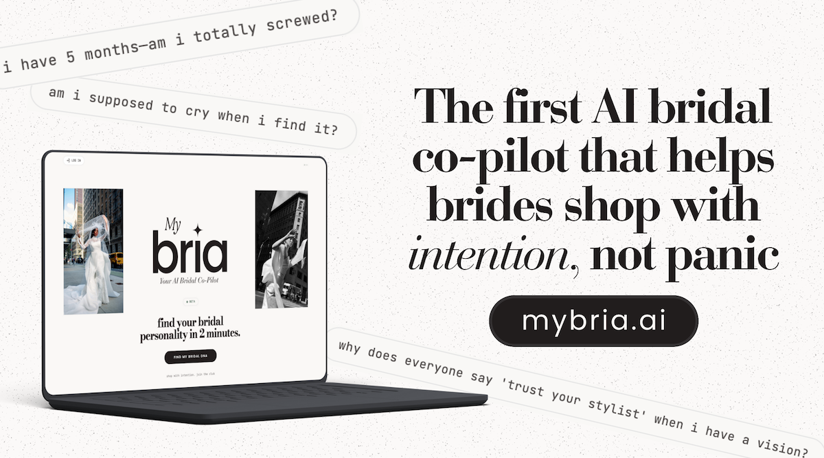 A laptop displays the MyBria AI bridal shopping website, with text promoting it as an AI co-pilot for brides to shop with intention. Website link "mybria.ai" is shown.