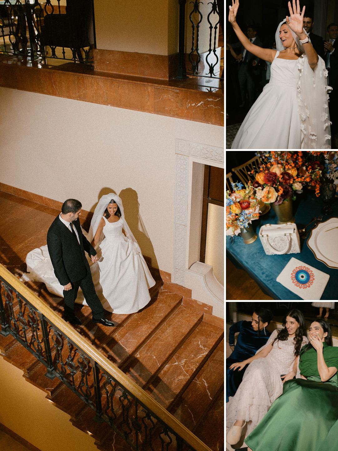 A bride descends a staircase with a companion; adjacent images show her celebrating, a floral centerpiece with a cake, and guests seated in formal attire.