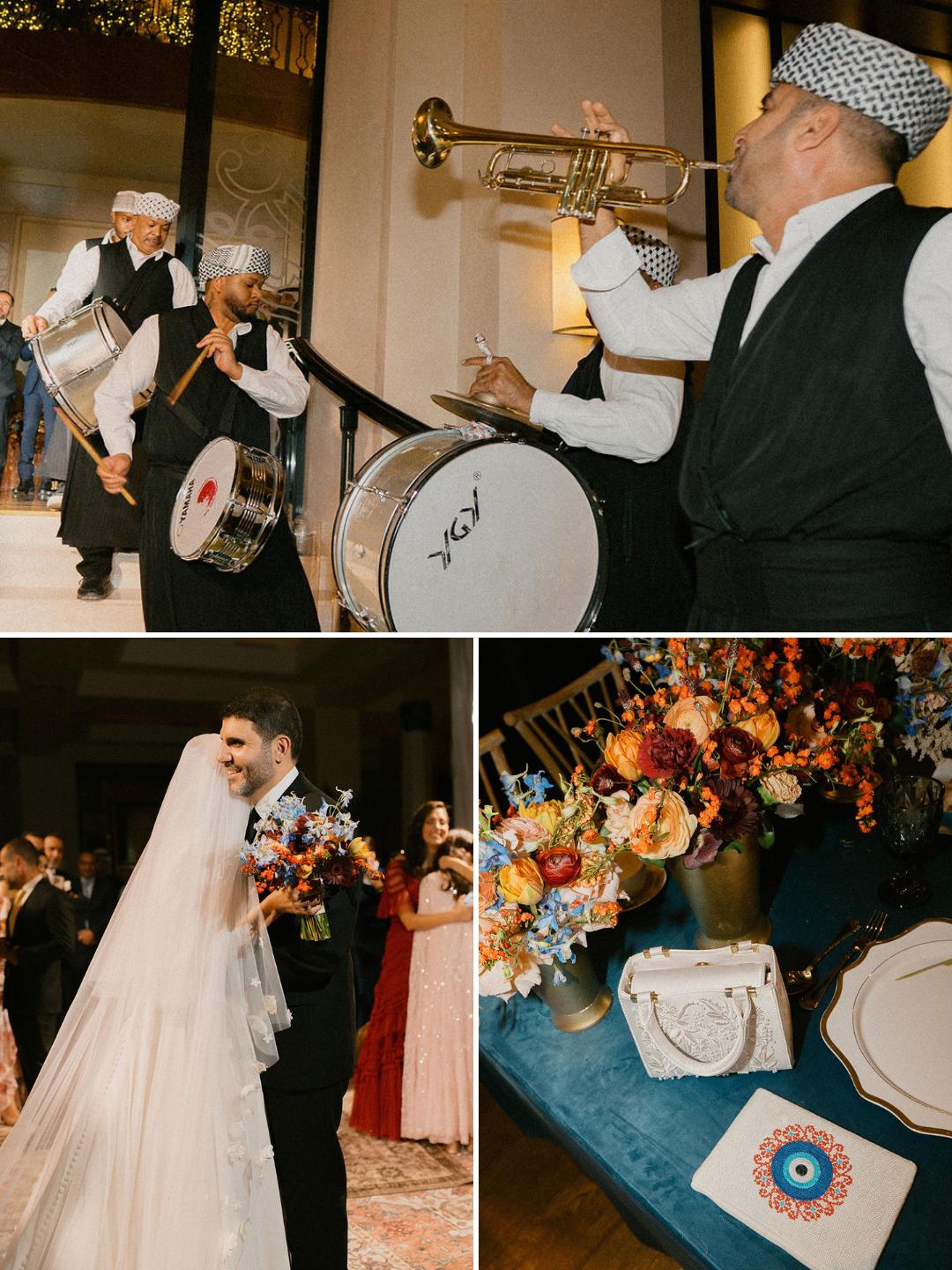 A collage shows a band performing with drums and a trumpet, a bride and groom dancing, and a close-up of a decorated table with flowers and a white purse.