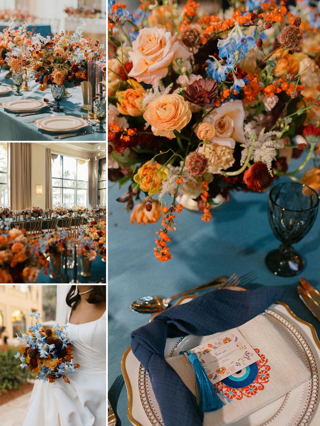 Collage showing elegant table settings with blue linens, floral centerpieces in orange and peach tones, a bride holding a bouquet, and a close-up of a decorated place setting.