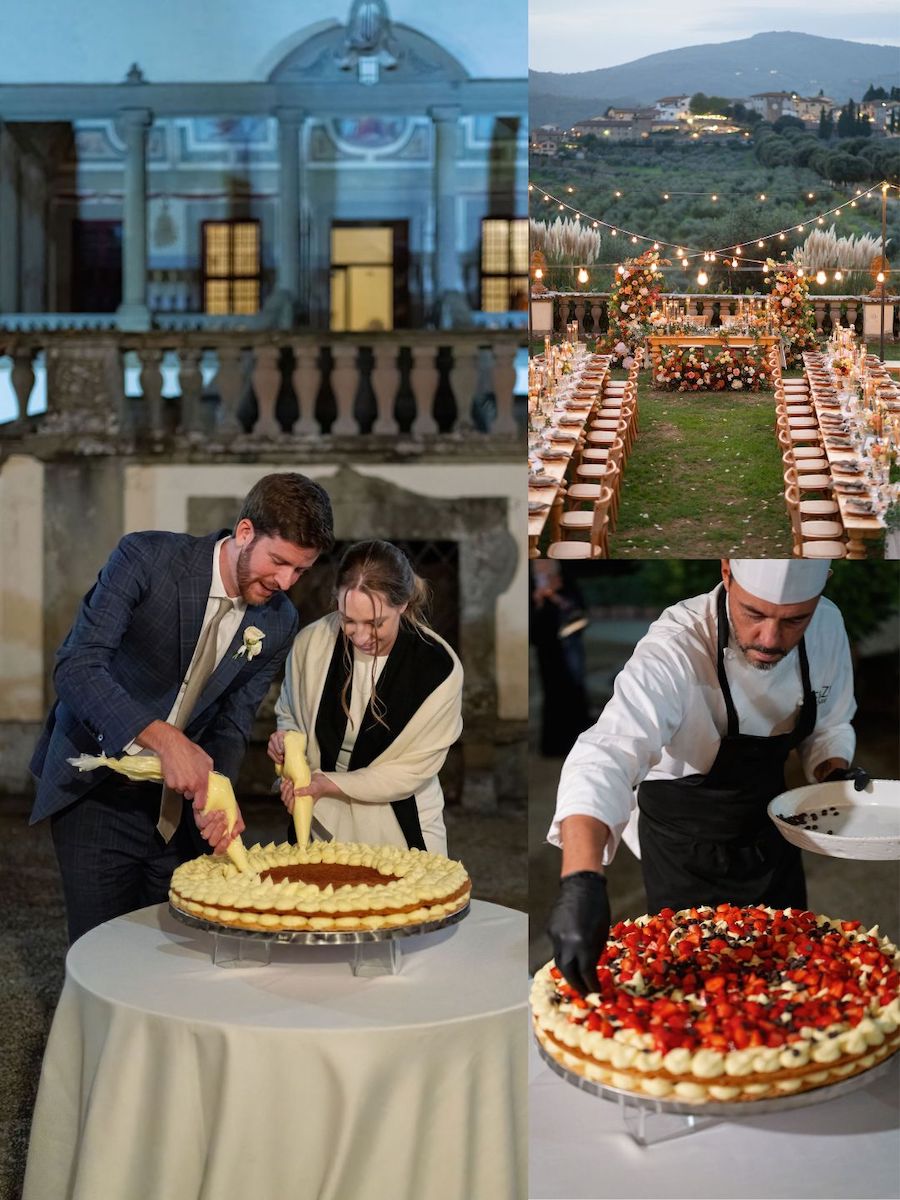 Collage showing a couple cutting a large cake, a long outdoor banquet table set for a celebration, and a chef preparing a fruit-topped dessert.