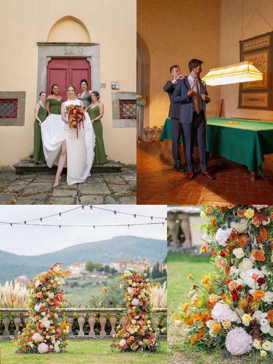 A collage of four images: a bride with bridesmaids in green dresses, two men by a pool table, a floral outdoor archway, and a close-up of colorful flower arrangements.