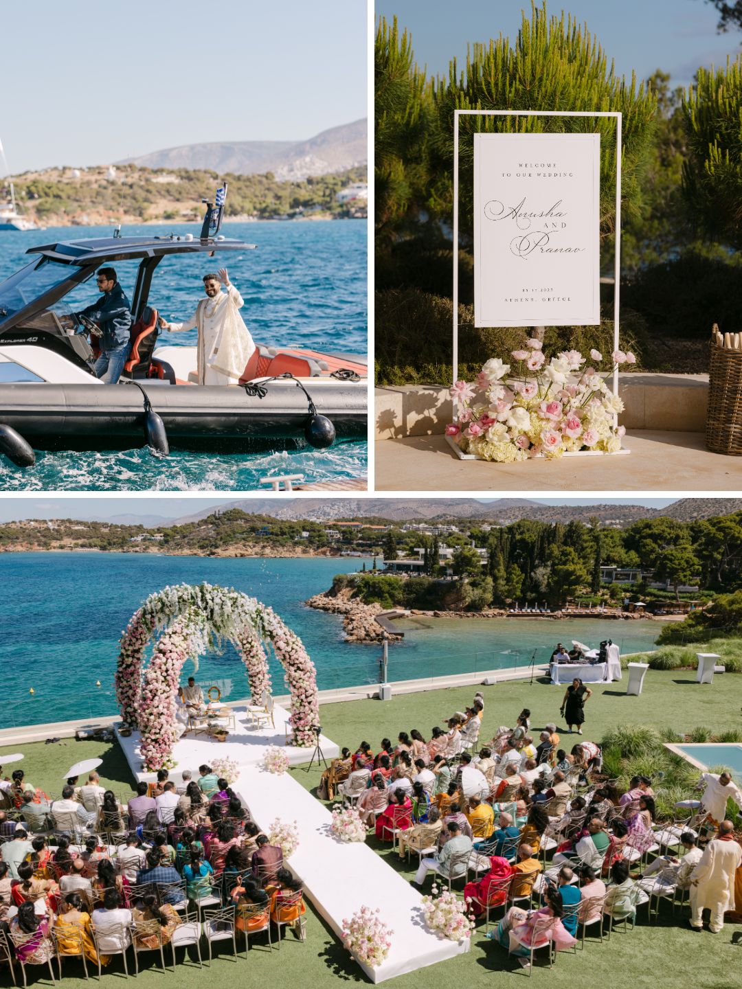A wedding by the sea shows a couple arriving by boat, a floral sign with names, and guests seated outdoors facing a flower-adorned wedding arch.